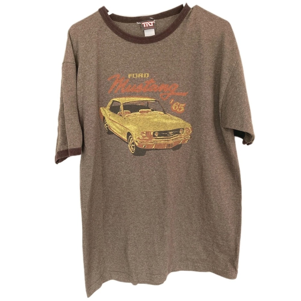 TNT Trau & Loevner TeeShirt Men L Brown Ford Mustang 65 Retro Graphic Ringer EUC